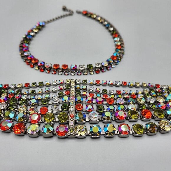 Rainbow Rhinestone Bracelet & Choker Aurora Borealis Silver Tone Brilliant Set - Picture 3 of 13